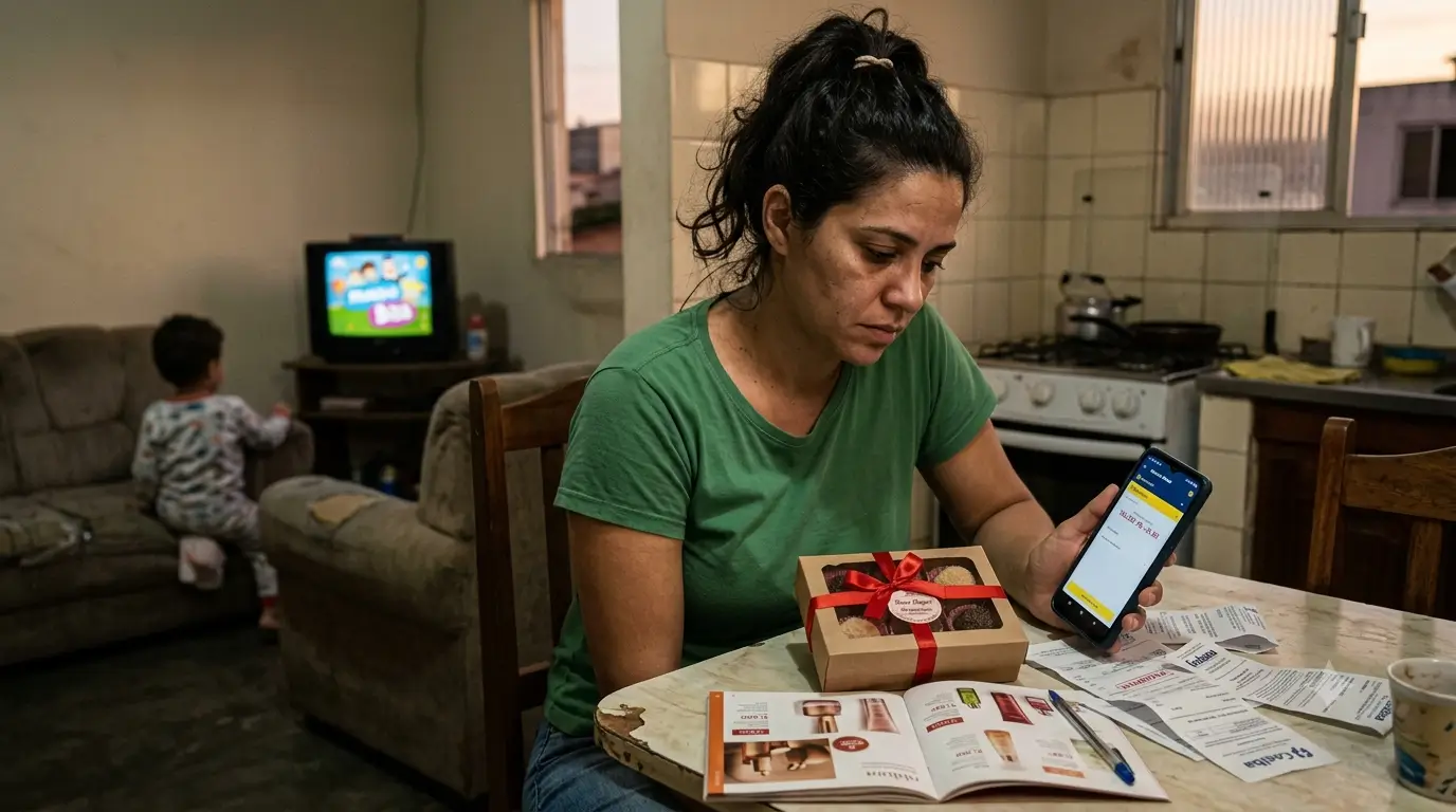 Mulher olhando o saldo no vermelho no celular, dia 20 do mês
